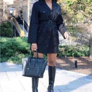 ZARA Belted Linen Jacket Dress Safari Black Matrix Trench Utility Size XS S
